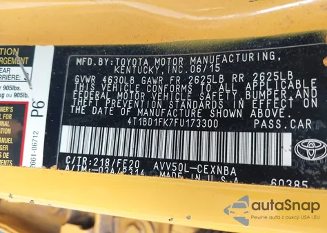 2015 Toyota Camry Hybrid Le z USA, uszkodzony, nr VIN 4T1BD1FK7FU173300